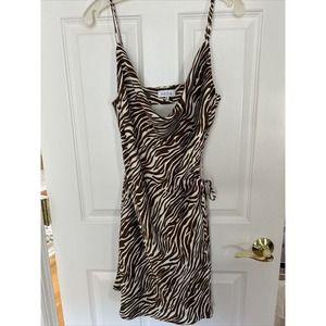 ACOA Zebra brown beige Satin Rouched Slip Dress Size Medium open at side lined